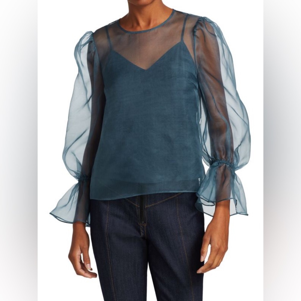 Cinq a Sept Size Large Mae Long Puff-Sleeve Tulle Silk Blouse
